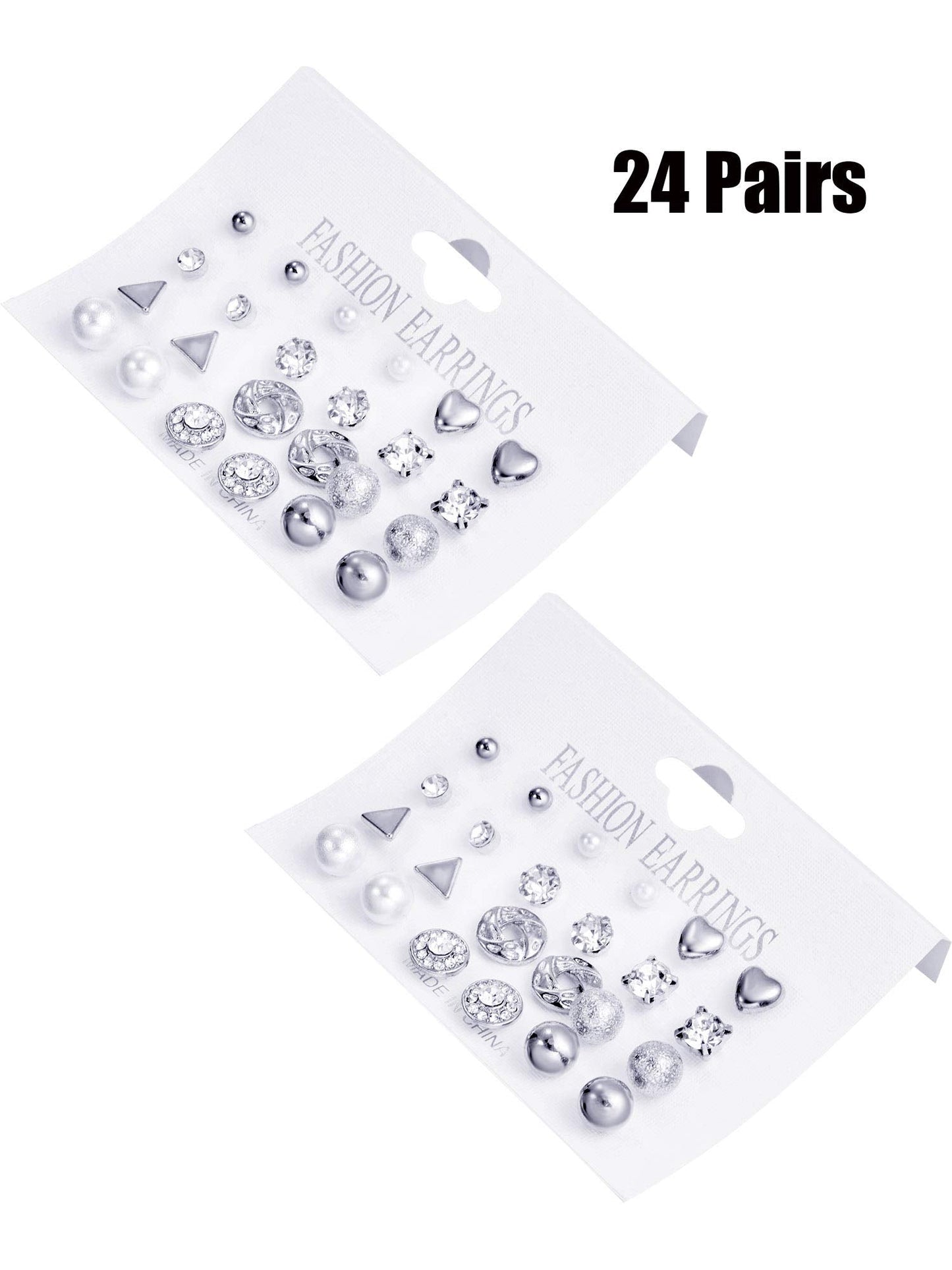 BBTO 24 Pairs Stud Earrings Crystal Pearl Earring Set Ear Stud Jewelry for Women Men(Sliver)