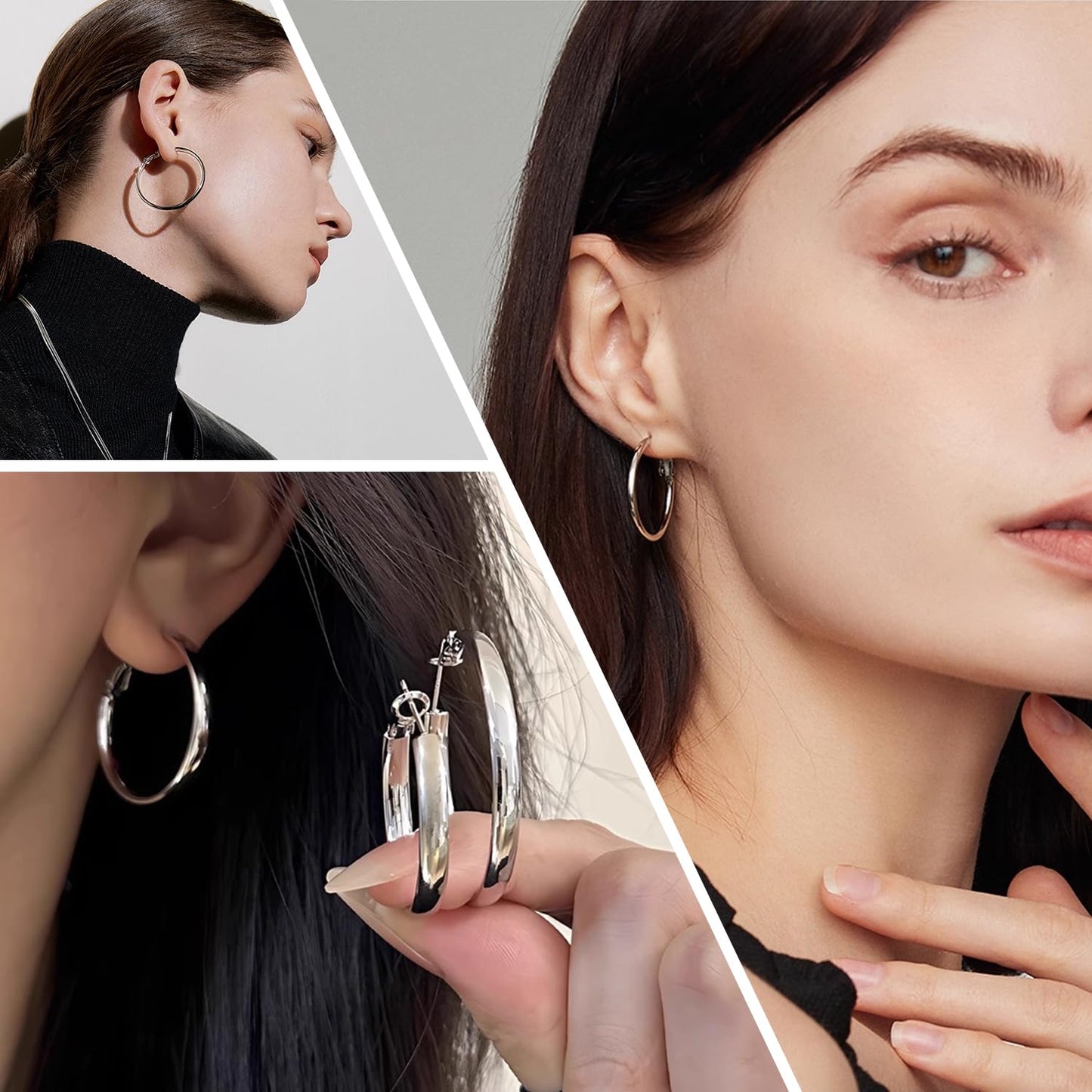 PICKBEAU Chunky Silver Hoop Earrings for Women | 14K Plated Hypoallergenic 4mm Wide & Thin Big Round Circle Hoops Stainless Steel Womens Dangle Earring Set (30/40mm)