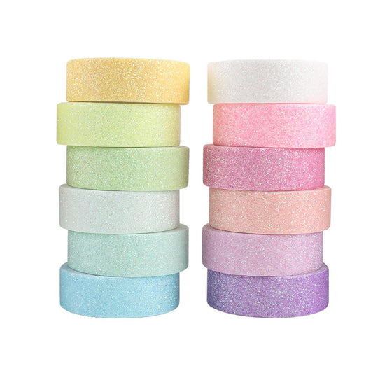 Cotrida 12 Rolls Glitter Washi Tape Set – 15mm Macaron Cute Colored Masking Tape, Sparkle Decorative Tape for DIY, Art, Scrapbook Tape, Decor & Crafts