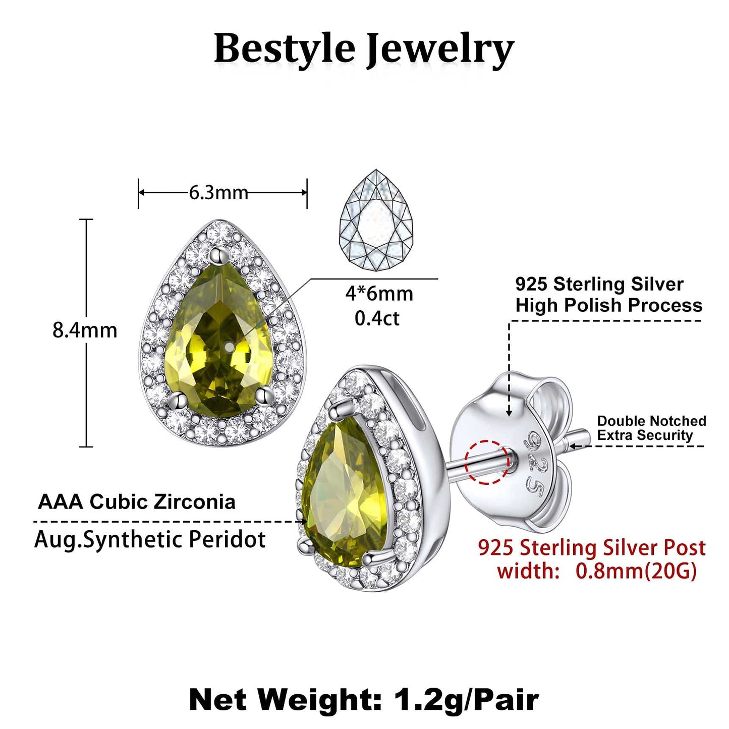 Bestyle 925 Sterling Silver Infinite Birthstone Teardrop Stud August Peridot Birthstone Earrings, Dainty Love Statement Stud Earrings, Birthday/Valentines/Christmas Gift for Women/
