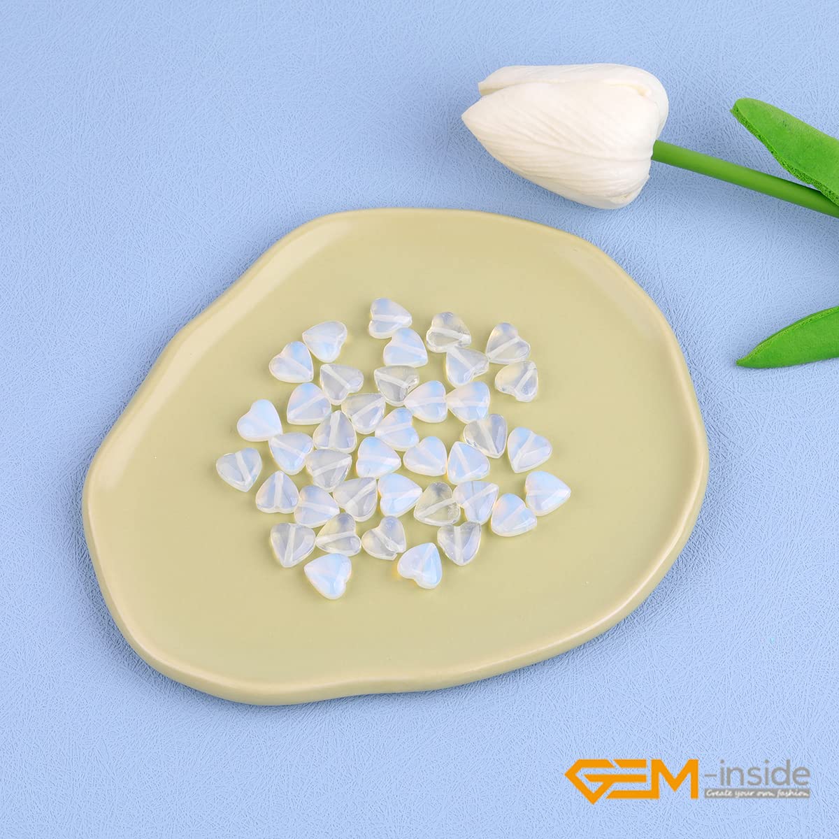GEM-Inside 10mm Heart Charms White Cream Opalite Beads for Jewelry Making Full 15" Strand Power Energy Healing Chakra Stone Beads