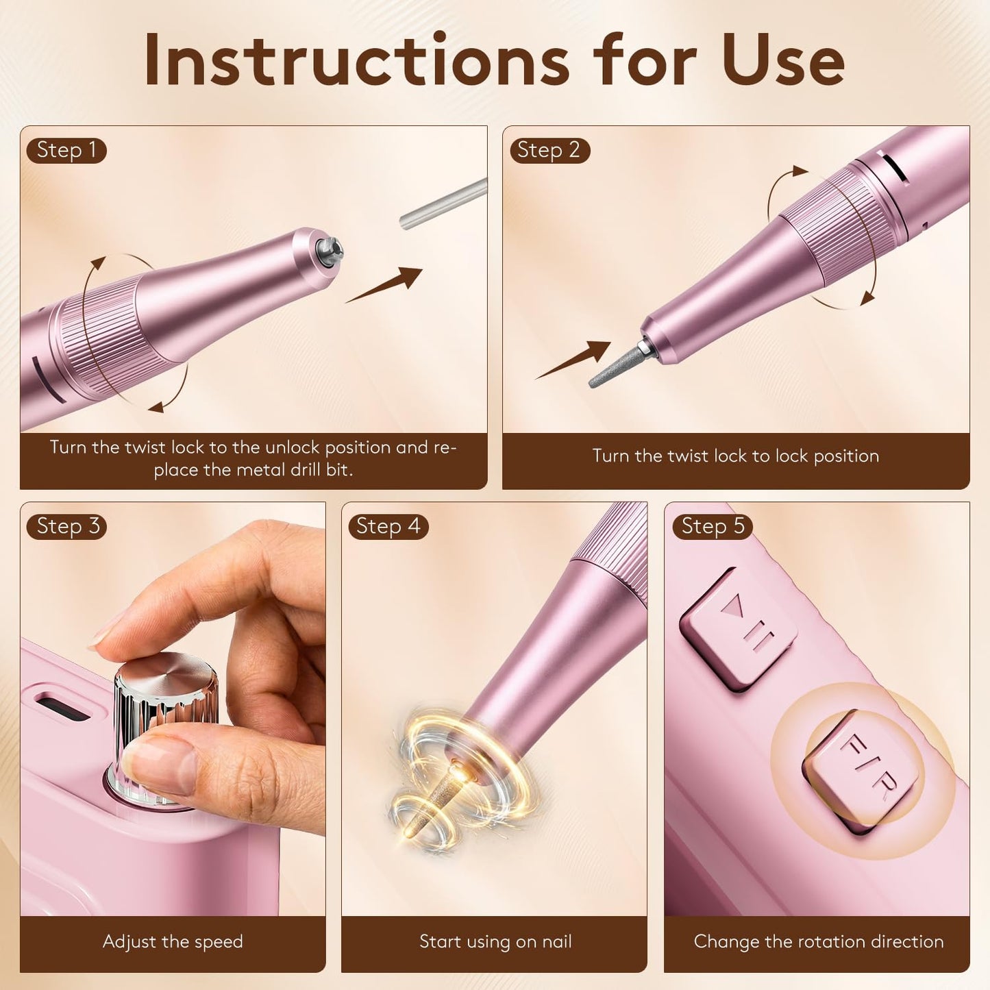 Pruk Professional Electric Nail Drill Kit, Portable 40000RPM Cordless E-File with LCD Display, 7 Drill Bits & 56 Sanding Bands, Manicure Nail Machine for Salon Home, Training & Travel, Pink