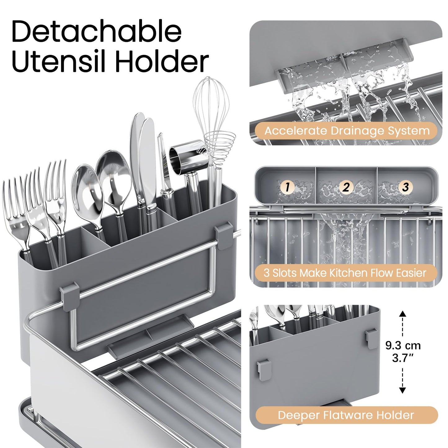 Dish Drying Rack Large Capacity - Stainless Steel Dish Rack for Kitchen Counter with Drain Board, Rustproof Dish Drainer with Auto Drain Spout Utensil Holder Glass Holder, Dinnerware Organizer, Gray