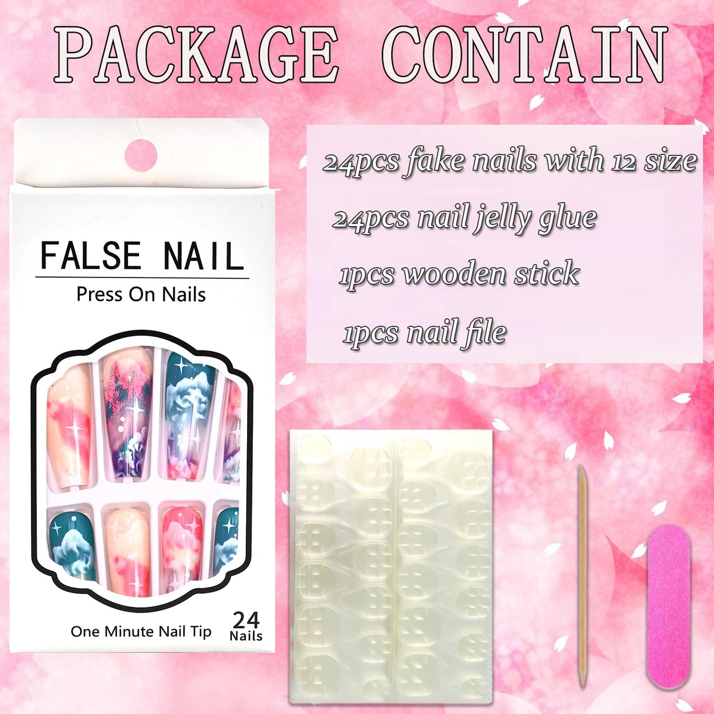 FIEONCIY Press on Nails Coffin Long Glossy Full Cover Acrylic Extra Long Square False Nails with Clouds Designs Artificial Ballerina Fake Nails with Charm Glue Stick on Fingernails for Women Girls