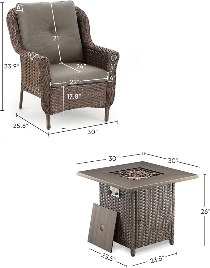 Outdoor Patio Chairs with Fire Pit Table 5 Piece Set - High Back Brown Wicker Rattan Lawn Chair with Thick Cushion for Porch Apartment Deck Yard Poolside Garden - Grey