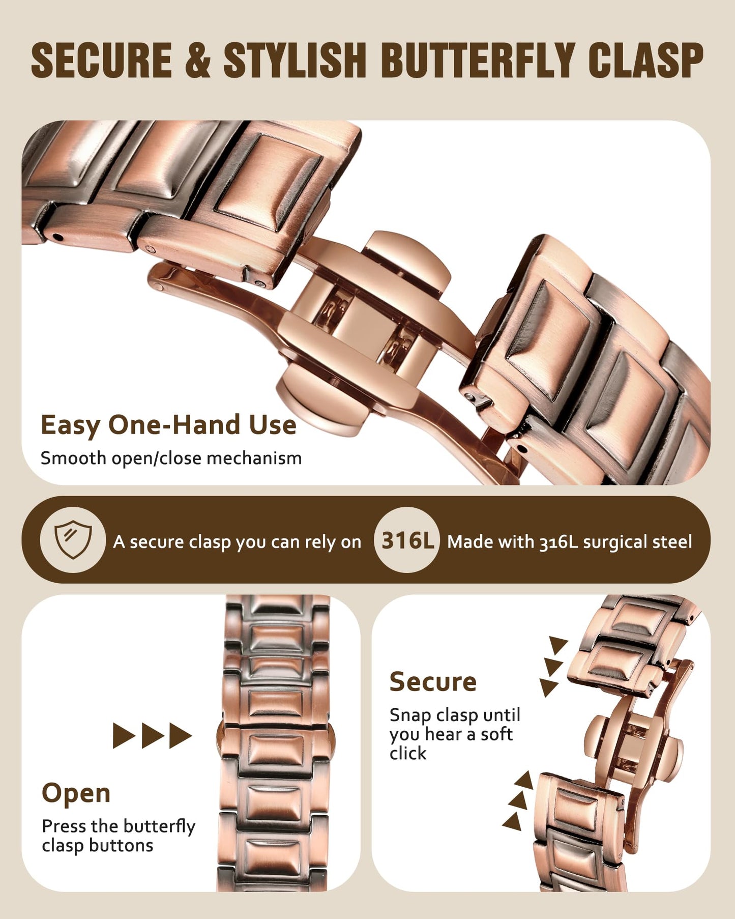 Jecanori 5X Pure Copper Magnetic Bracelet for Men - Upgraded Magnets & Butterfly Clasp, Adjustable Length with Sizing Tool