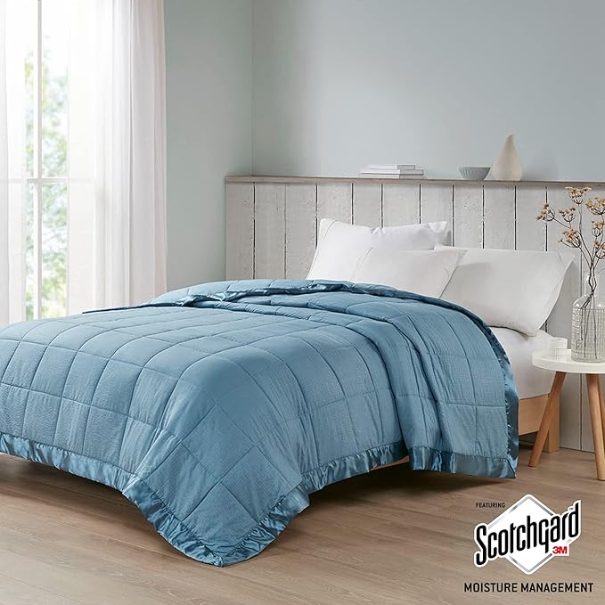 Madison Park Cambria Down Alternative Blanket, Premium 3M Scotchgard Moisture Wicking Treatment, Lightweight and Soft Bed Cover For Summer with Satin Trim, Oversized King Slate Blue