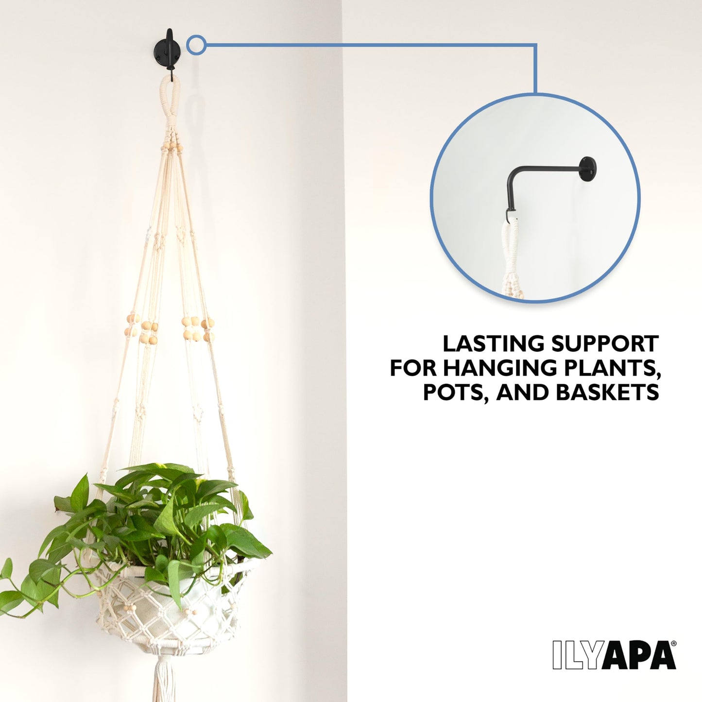 Ilyapa 4 Pack Metal Plant Wall Hanger Hooks - 7 in. Hook for Hanging, Baskets, and Macrame, Indoor Hangers in Matte Black Finish, Wall Planters