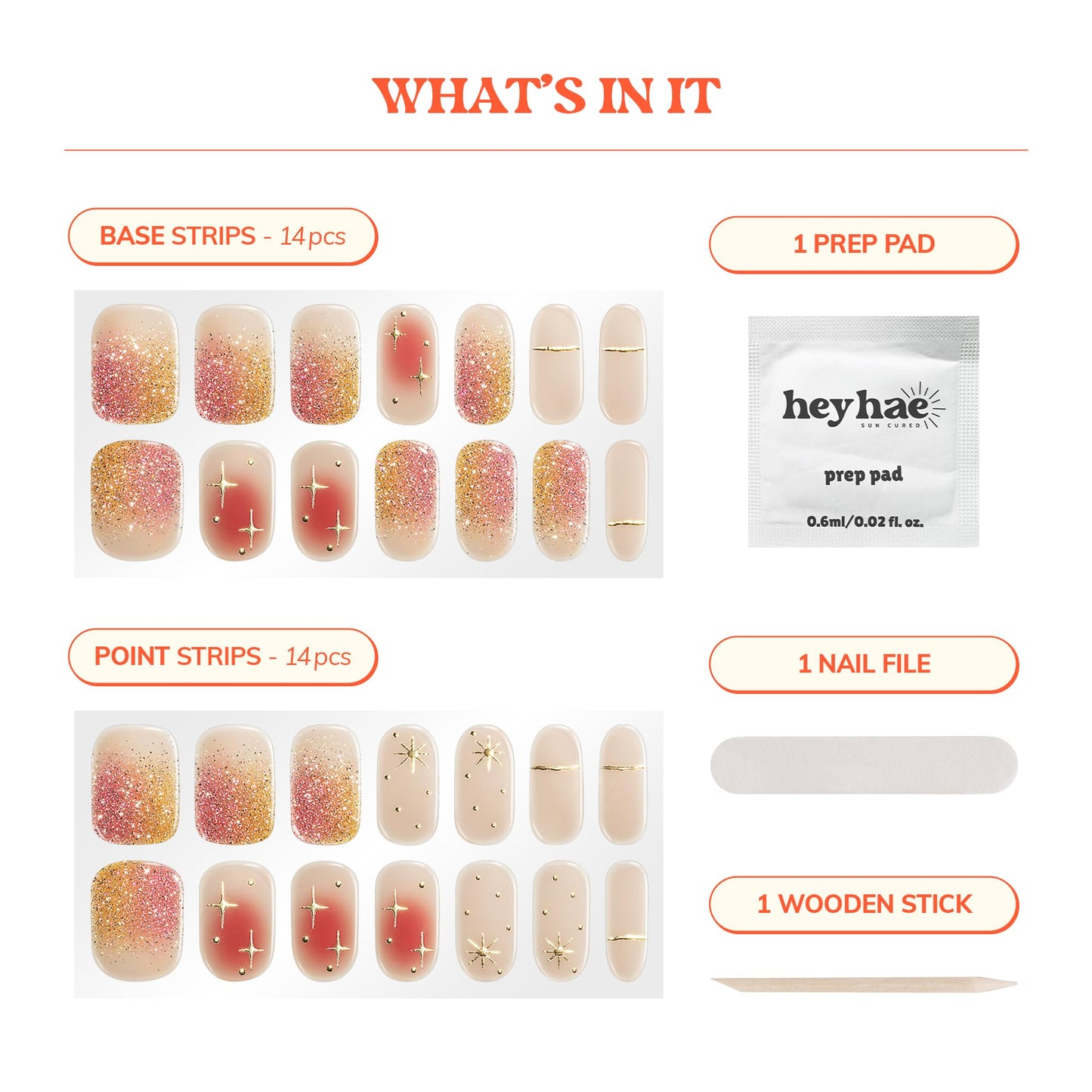 Heyhae Semi Cured Gel Nail Strips | No LED Lamp Needed | Ombre, Gold, Spring | Easy Apply & Remove, Salon Quality | Includes 28 Strips, 1 Prep Pads, Nail File & Wooden stick - Hey, It's Golden Hour