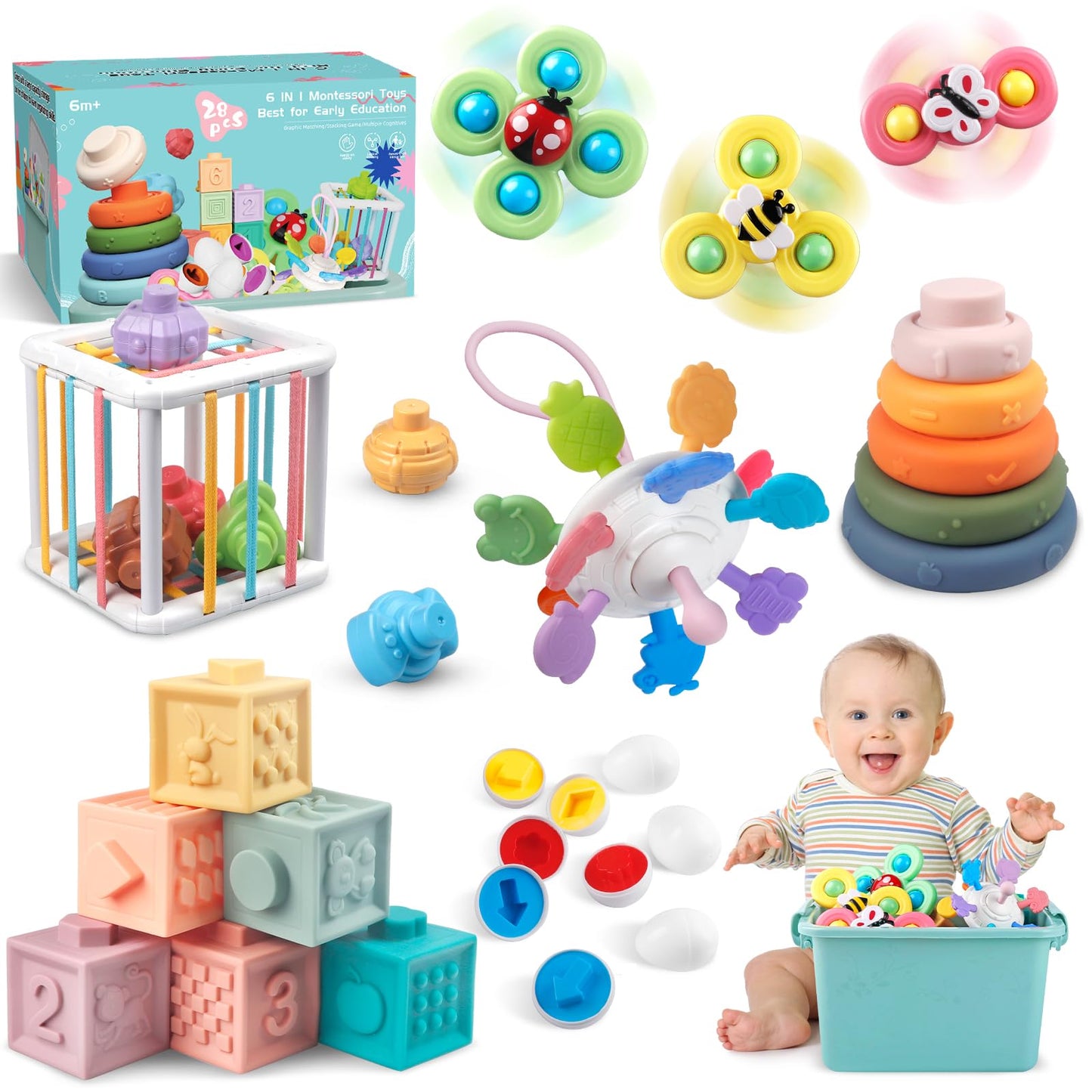 Plunack 6 in 1 Baby Toys 6 to 12 Months, Montessori Toy Infant Teething Babies Toy Stacking Blocks Rings Pull String Toy Sorter Sensory Bin