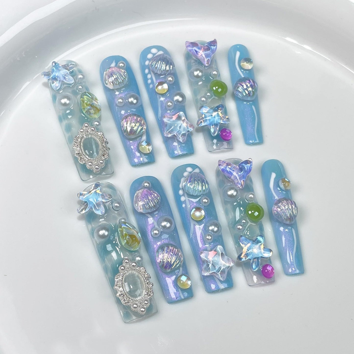 LIFOOST Aurora Blue Handmade Press on Nails Dreamy Ocean Ice Transparent 3D Shell Star Pearls Charms Fake Nails Mermaid False Nails Extra Long Coffin Press ons for Summer, Size M