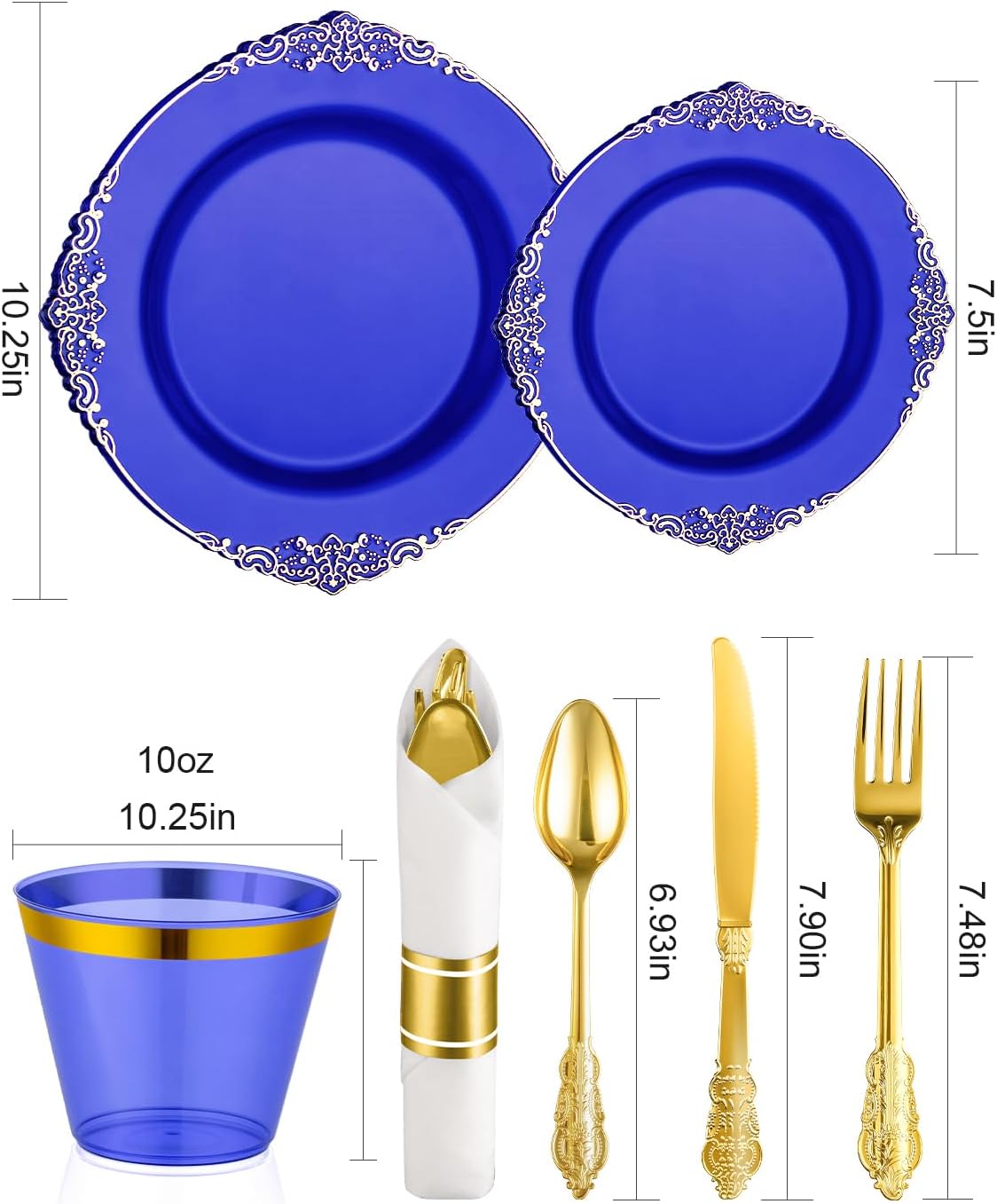 Goodluck 350 Piece Clear Blue Plastic Dinnerware Set for 50 Guests, Fancy Disposable Plates, Include: 100 Blue Rim Plastic Plates, 150 Silverwares, 50 Pre Rolled Napkins, 50 Cups for Party, Wedding