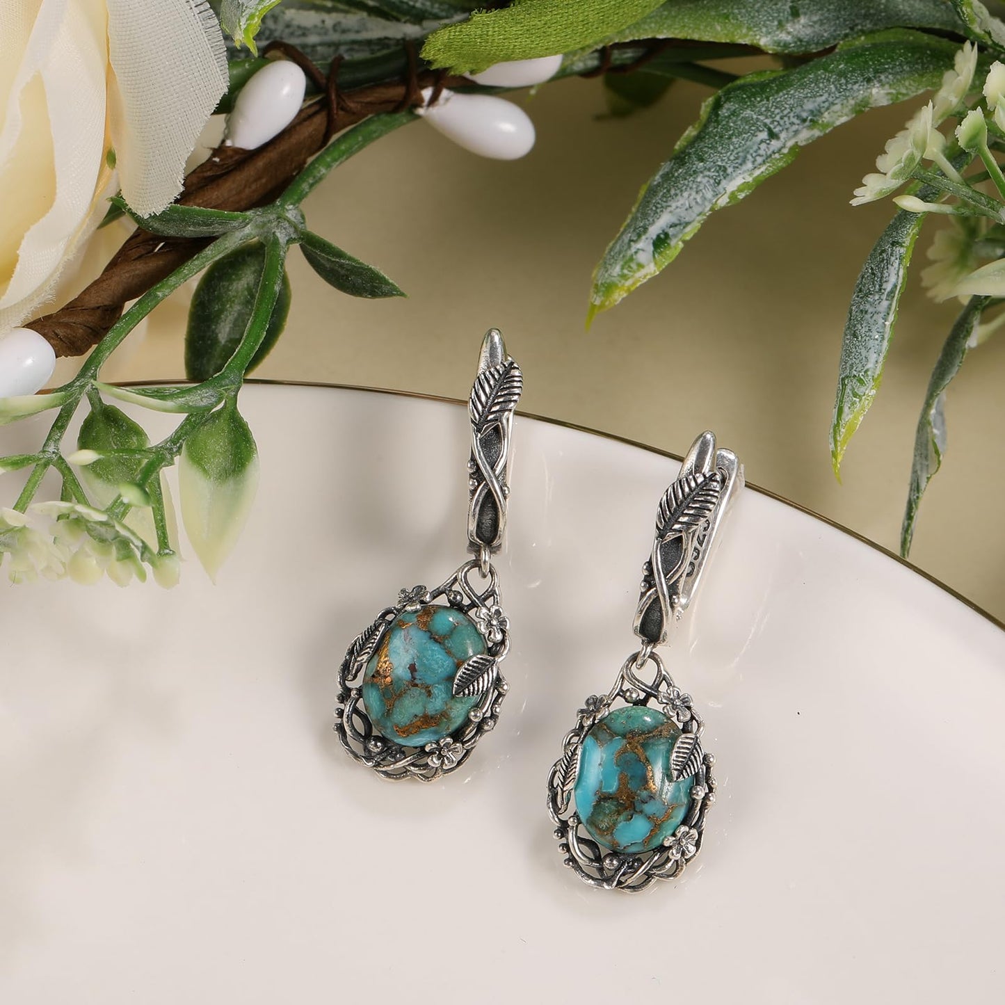 Phyonio Teal Oval Turquoise Dangle Earrings for Women Leaf Vine Flower Latch Back 925 Sterling Silver Earring Vintage Oxidised Boho Jewelry Valentines Day Gift for Wife