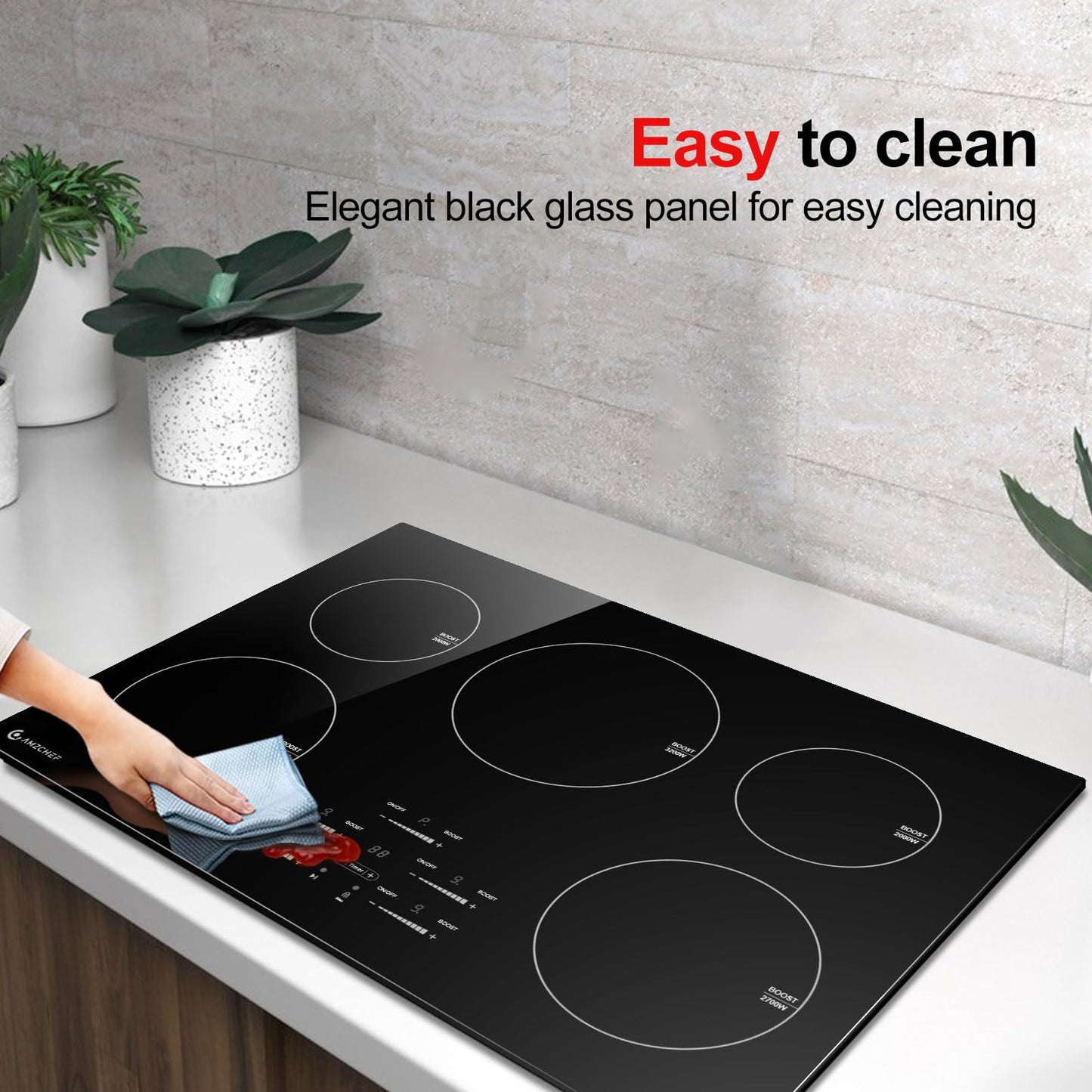 AMZCHEF 30 Inch 10600W Induction Cooktop With 5 BOOST Burners, 9 Levels Electric, Built-in Control by Slide Touchscreen, Child Safety Lock, Independent Timer, No Plug, 240V