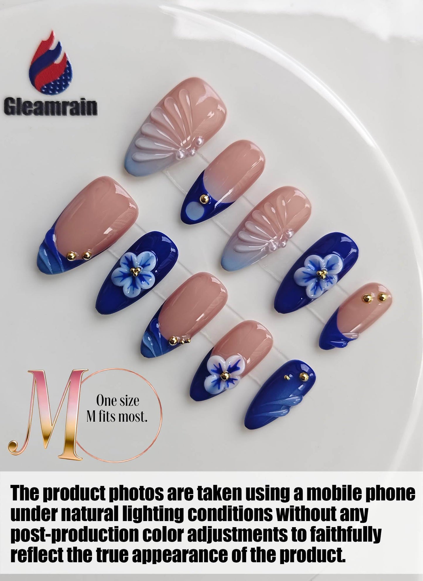 Gleamrain Almond Medium Handmade Press on Nails for Women, Handcrafted Floral Design Reusable Full Cover Fake Nail for Daily Wear Party Birthday D302