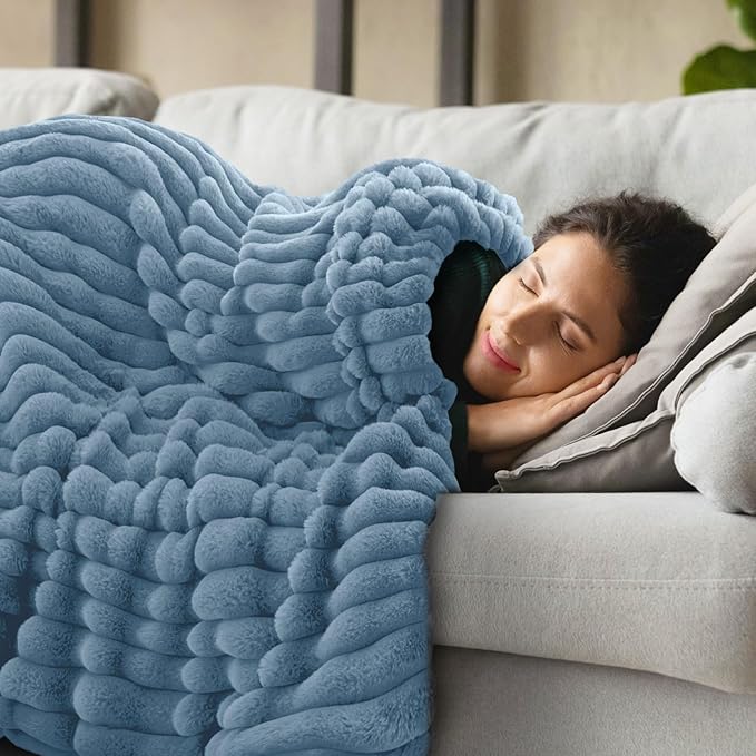 INFIIXSO Sherpa Throw Blanket for Couch - Super Soft & Warm Striped Fleece Blanket, Cozy Plush Fluffy Blanket All Season Use (Light Blue, 60x80 Inches)