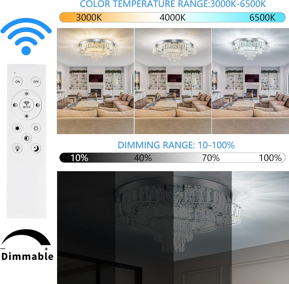21 Inch Crystal Chandeliers with Remote Control LED Chandelier Modern Mount Flush Mount Chandelier Ceiling Light Fixtures for Bedroom Living Room Dining Room(Dimmable)