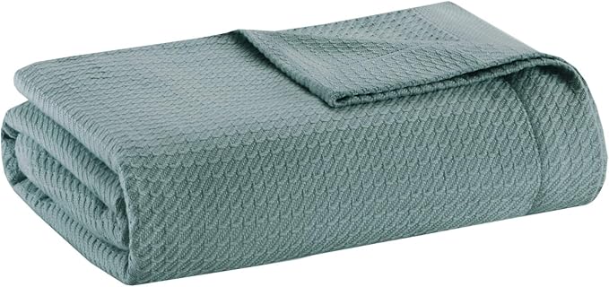 Madison Park Soft Certified 100% Egyptian Cotton Breathable Cozy Blanket, Premium Waffle Knit Classic Design, Luxury All Season Lightweight Cover for Bed, Couch and Sofa, Teal Full/Queen(90"x90")