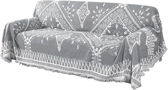 H.VERSAILTEX Reversible Sofa Cover Couch Cover for Dog Sofa Slipcover for Most Shape Sofa Furniture Protector with Tassels Sectional Couch Cover (X-Large: 71" x 118", Dove Grey/White)