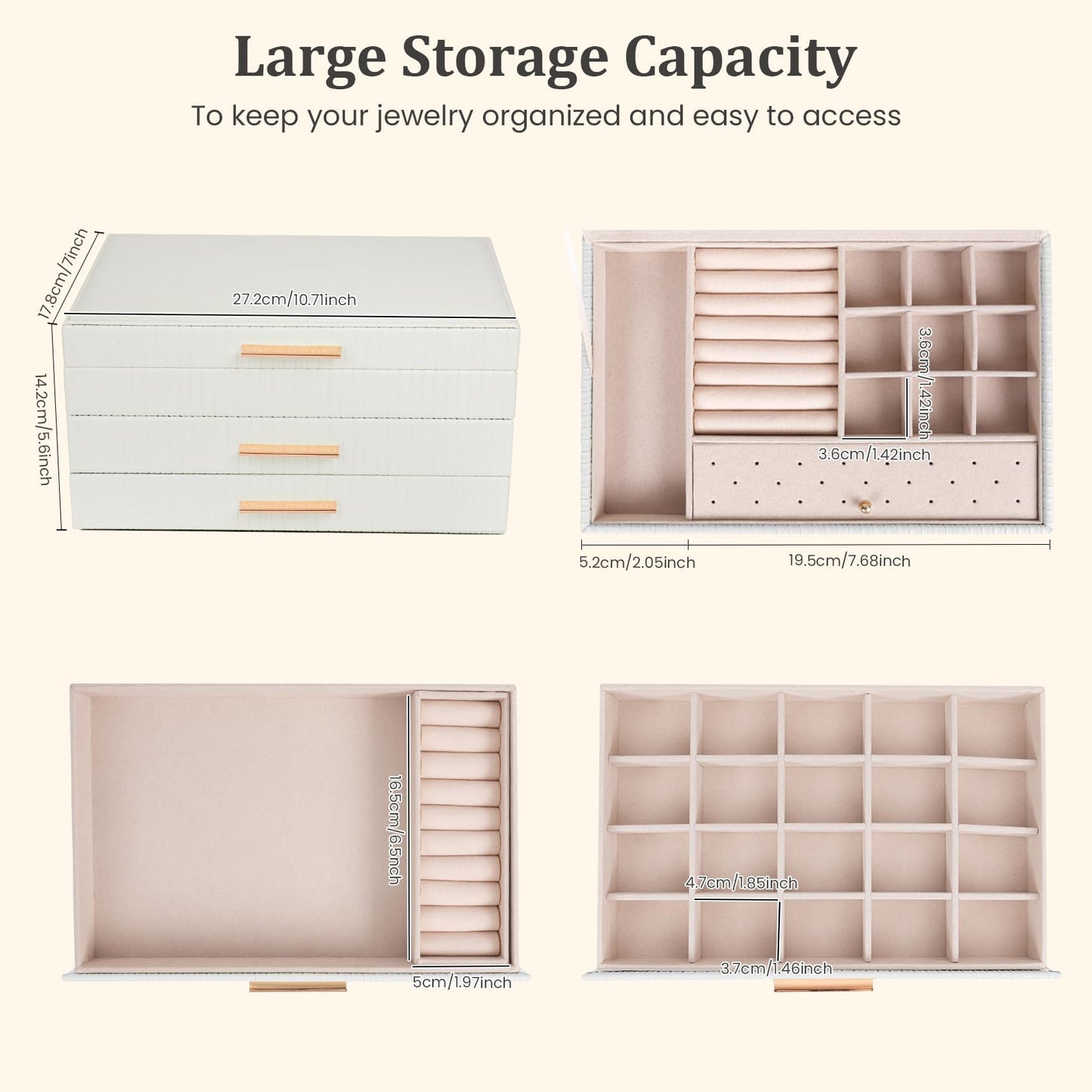 Dajasan Jewelry Box Organizer, 3-Tier Large Jewelry Storage Organizer with 2 Drawers, Space-Saving Jewelry Boxes for Women, PU Leather Surface with Texture, Gift Idea, Modern Style (White)