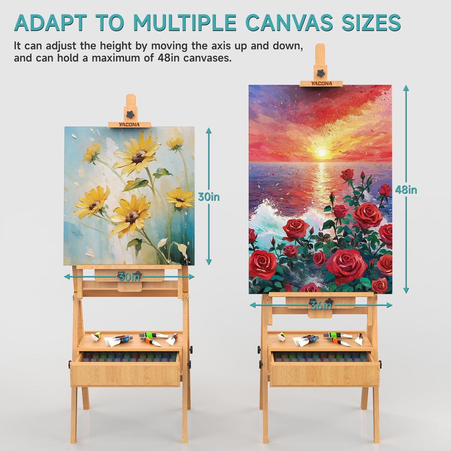 Large Wood H-Frame Easel with Storage Drawer, Foldable Art Painting Easel for Adults and Students, Adjustable Artist Easel Stand for Painting and Display, Holds Canvas Art up to 48"