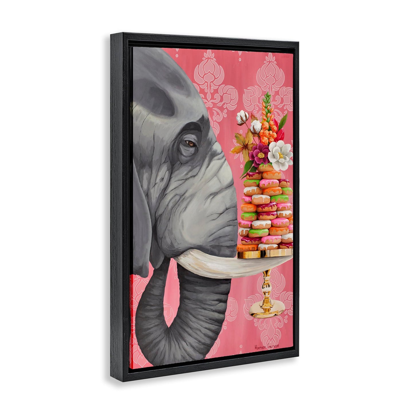 Stupell Industries Elephant & Stacked Desserts Black Framed Floater Canvas Wall Art, design by Heather Gauthier, 21 x 31