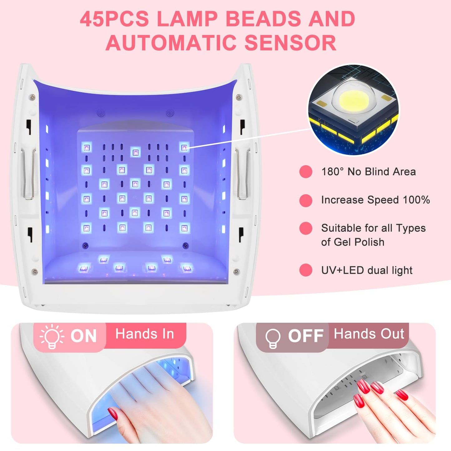 Nailartane Cordless UV Nail Lamp, 96W UV LED Nail lamp for Gel Polish & Acrylic Nails, Fast Curing Nail Light with 4 Timers, Detachable Base, Auto Sensor, 45 LED Beads, Salon & Home Use (White)