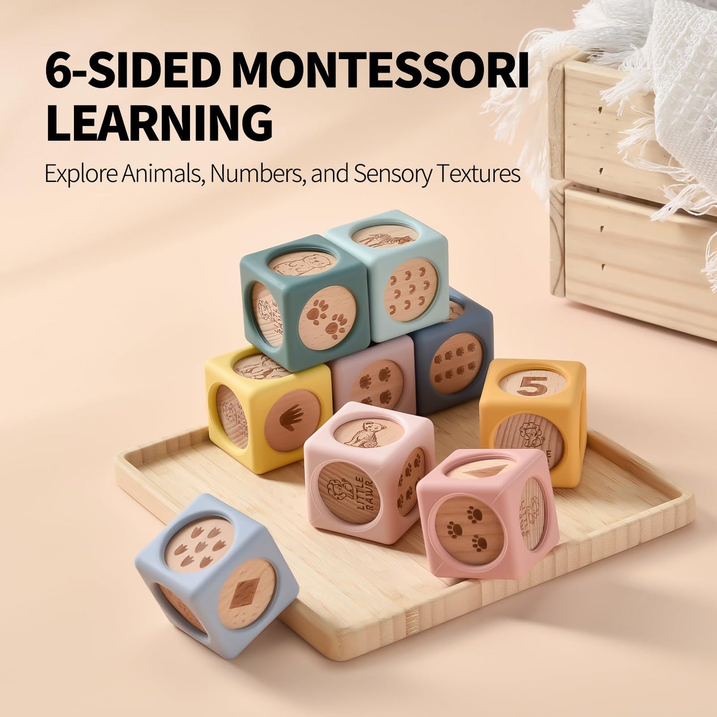 Little Rawr 9 Pcs Baby Silicone & Wooden Stacking Blocks, Food-Grade Silicone Baby Toy with Natural Wood Inserts, Soft Chewable Montessori Blocks for Toddlers, Animal Learning Toy