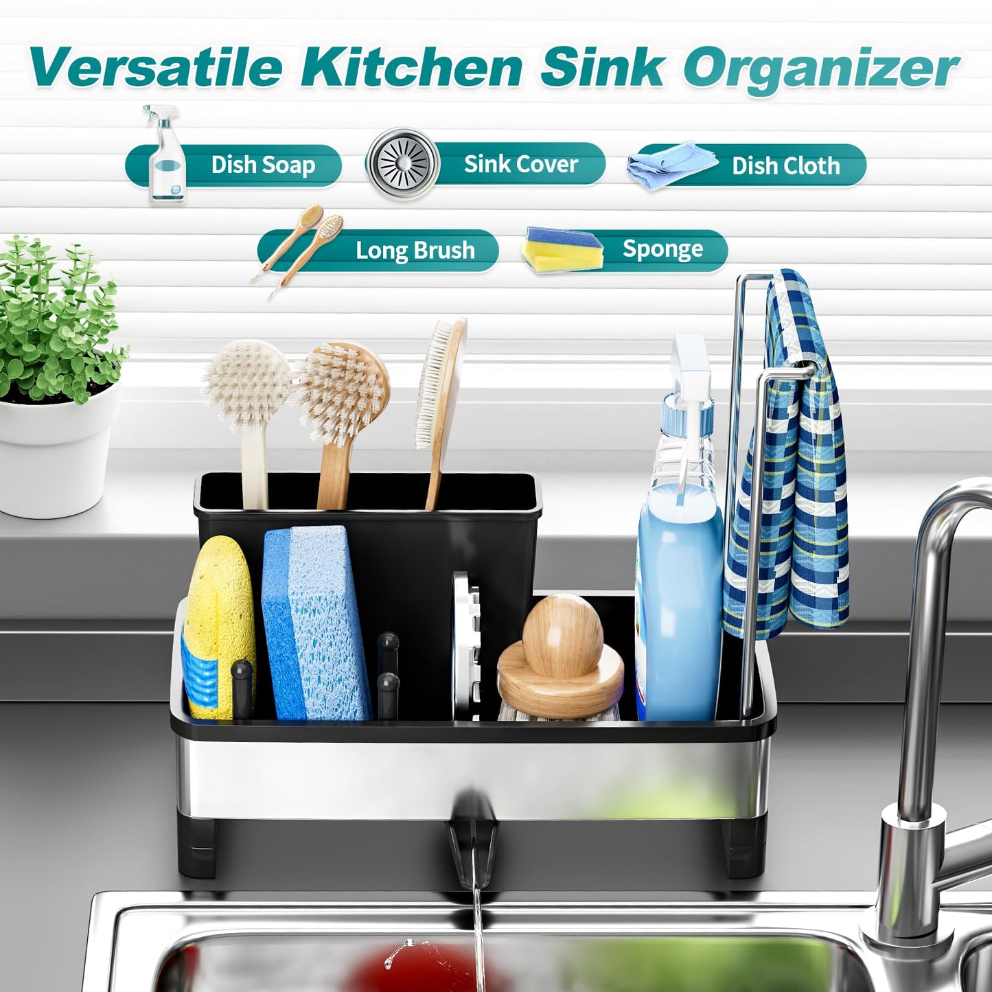 Ewaiira Stainless Steel Sink Caddy, Sponge Holder for Kitchen Sink with Brush Holder Dishcloth Rack, Rustproof sink Organizer Countertop, Soap Dispenser Kitchen Organizers Storage Essentials,9.8″Black