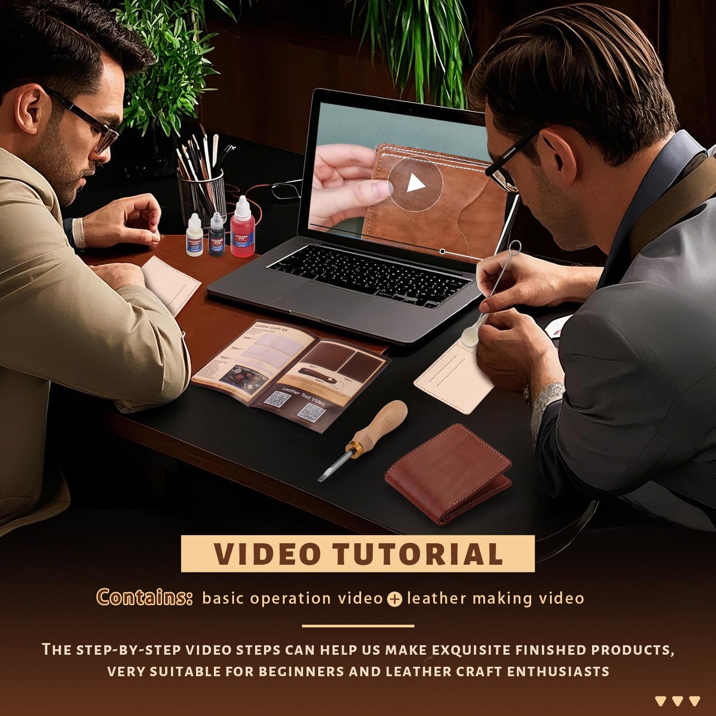 CBHGFEA 51-Piece Leather Working Kit: CBHGFEA Craft Tools Set with Edge Beveler Vegetable Tanned Leather Compass Wax Thread Video Tutorials for Wallets Card Holders and Keychains Crafts for Adults