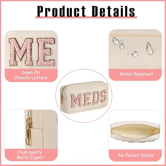 2Pcs Chenille Letter Patch Nylon Medicine Makeup Bag Set,Cute MEDS Travel Makeup Bag with Metal Zipper, First Aid Purse Organizer Cosmetic Bag for Women and Girls(Beige MEDS-RX)
