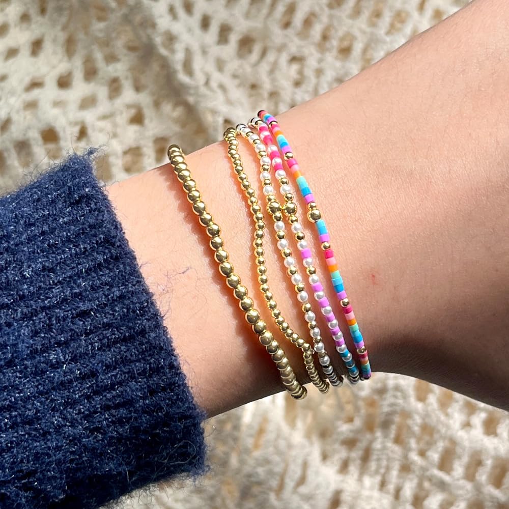 SHINUS BOHO 14K Gold Plated Blue Pink Beaded Bracelets Stack Set for Women,Stretch Stackable Cute Bohemian Colorful Fun Beads Ball Jewelry Friendship Summer Trendy