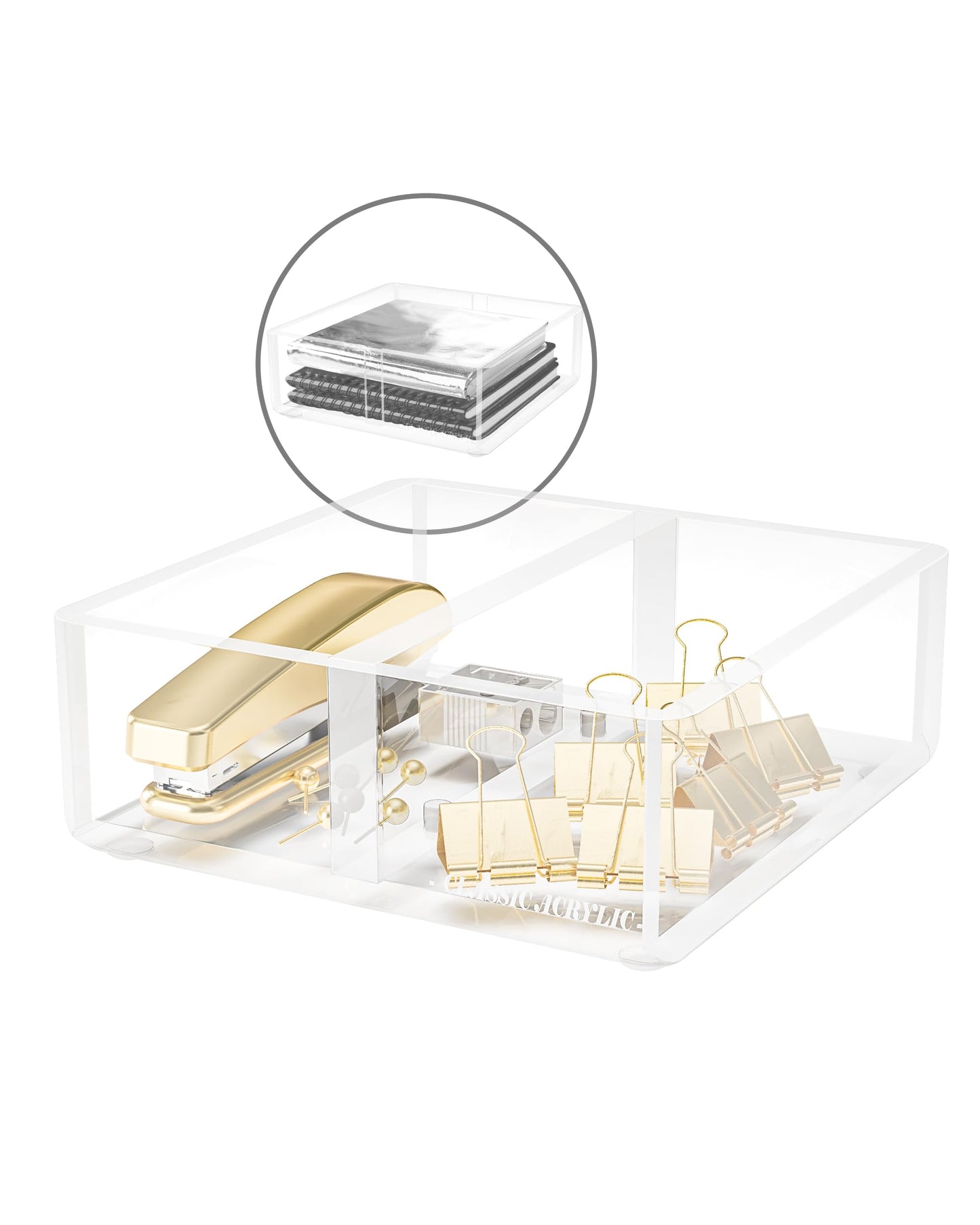CLASSIC ACRYLIC Paper Clip Holder w/ Adjustable Compartment includes Premium Gift Box. Great Gift for Christmas. Durable & Stylish Desk Organizer for Office Supplies & Sticky Note/Post it Note Holder.