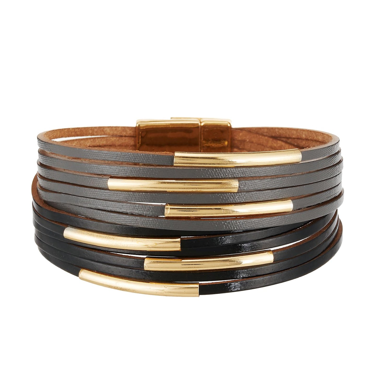 QIUTIMIY Leather Bracelets for Women Trendy Boho Cuff Bracelet Layered Bangle with Clasp Hand Wrist Jewelry Western(Style 3-Black Gray)