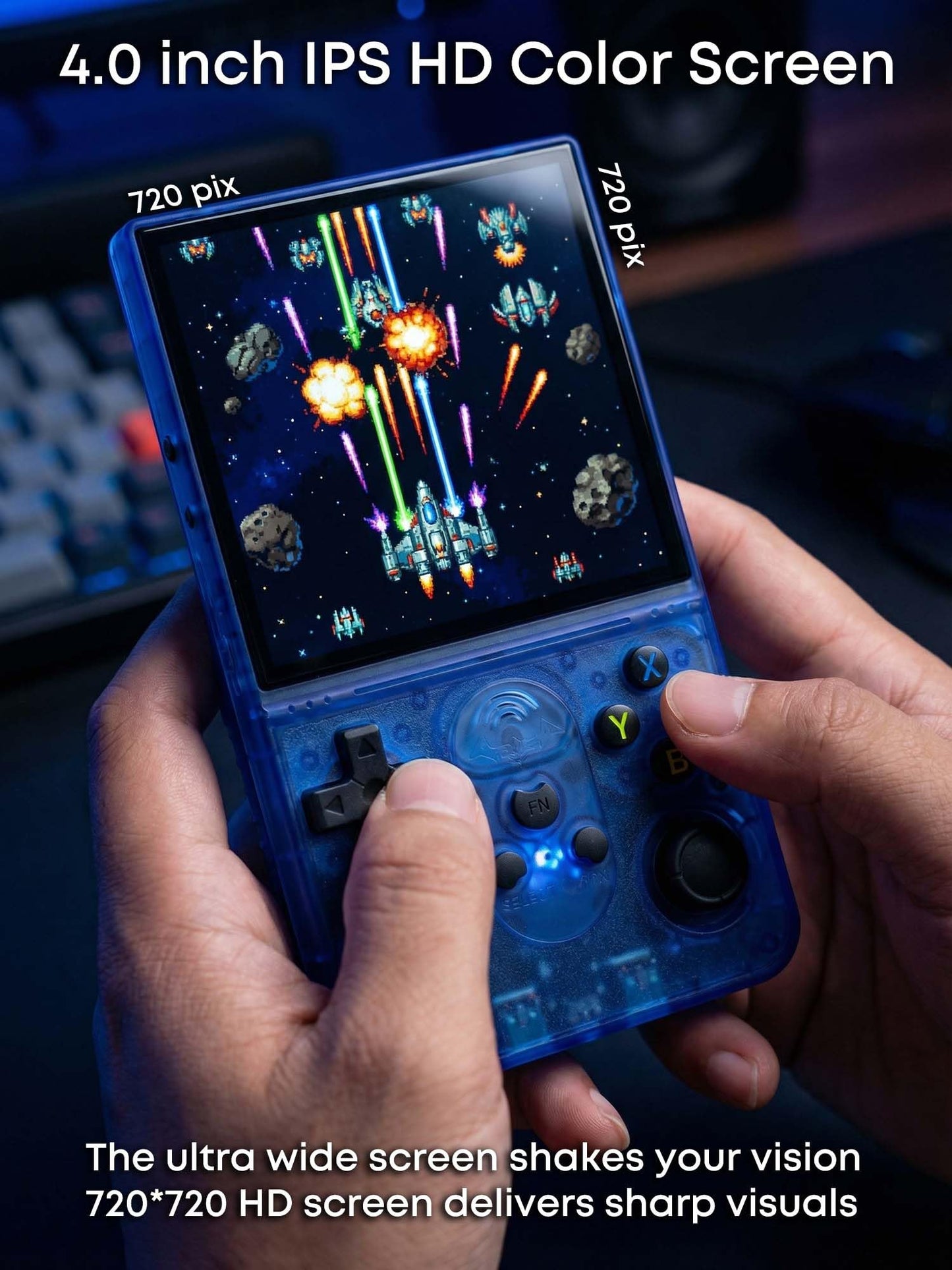 Retro Handheld Game Console, 4.0 Inch 720x720 IPS Screen 64GB Built-in 18,000+ Classic Game, Open Source Linux Handheld Video Game Player with Dual 3D Joysticks, 3500mAh Battery, Purple