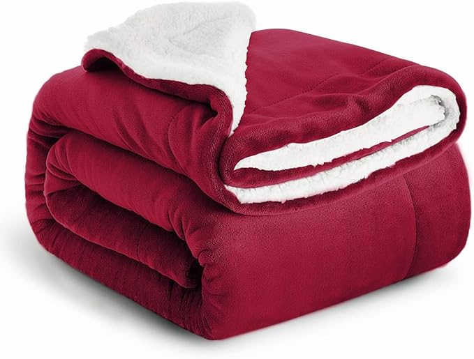 IR Imperial Rooms Sherpa Blankets Queen Size - Thick and Warm Blankets for Winter, Reversible Soft and Fuzzy Fluffy Queen Size Blanket for Bed, Burgundy, 90x90 Inches