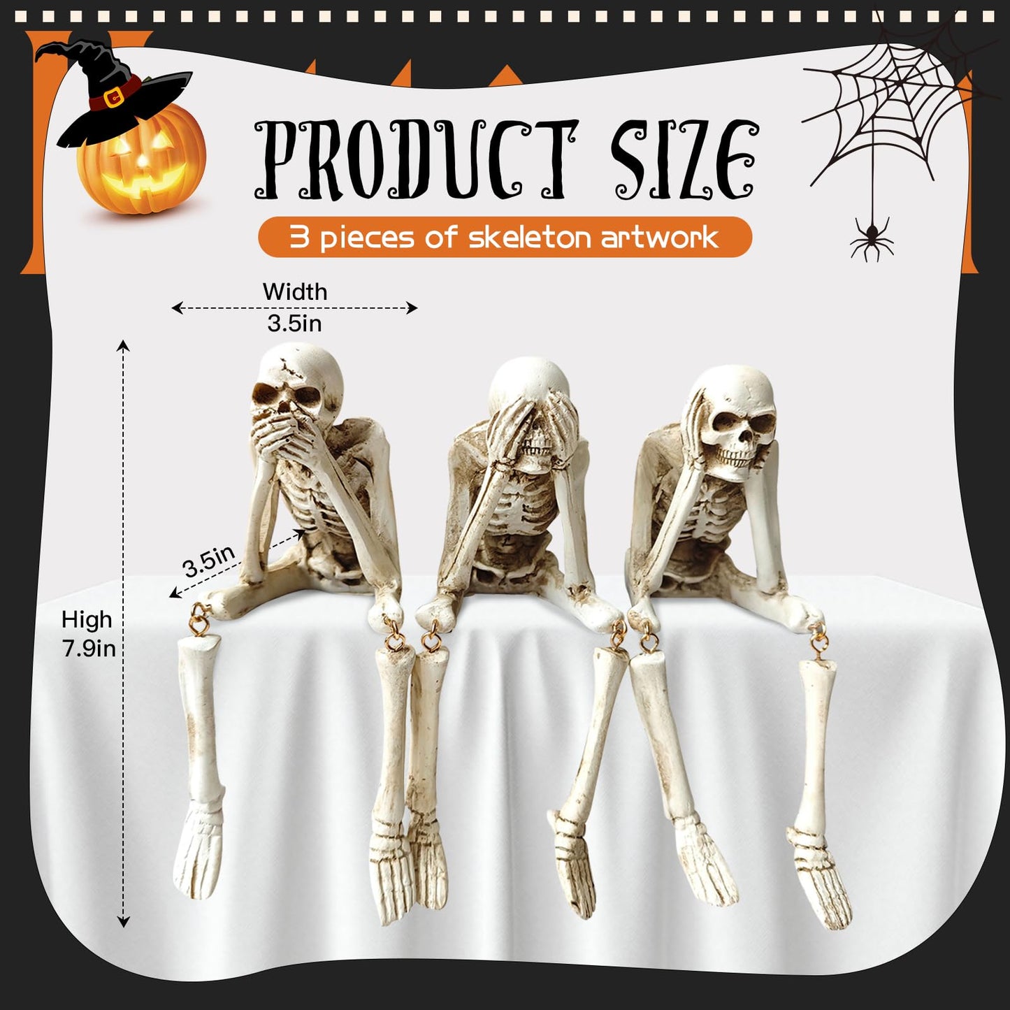 Halloween Skeleton Statues Set of 3 – See No Evil, Hear No Evil, Speak No Evil, Resin Skull Figurines for Gothic Home Decorations, Shelf Mantel Decor, Tabletop Halloween Decor Indoor (3-Piece Set)