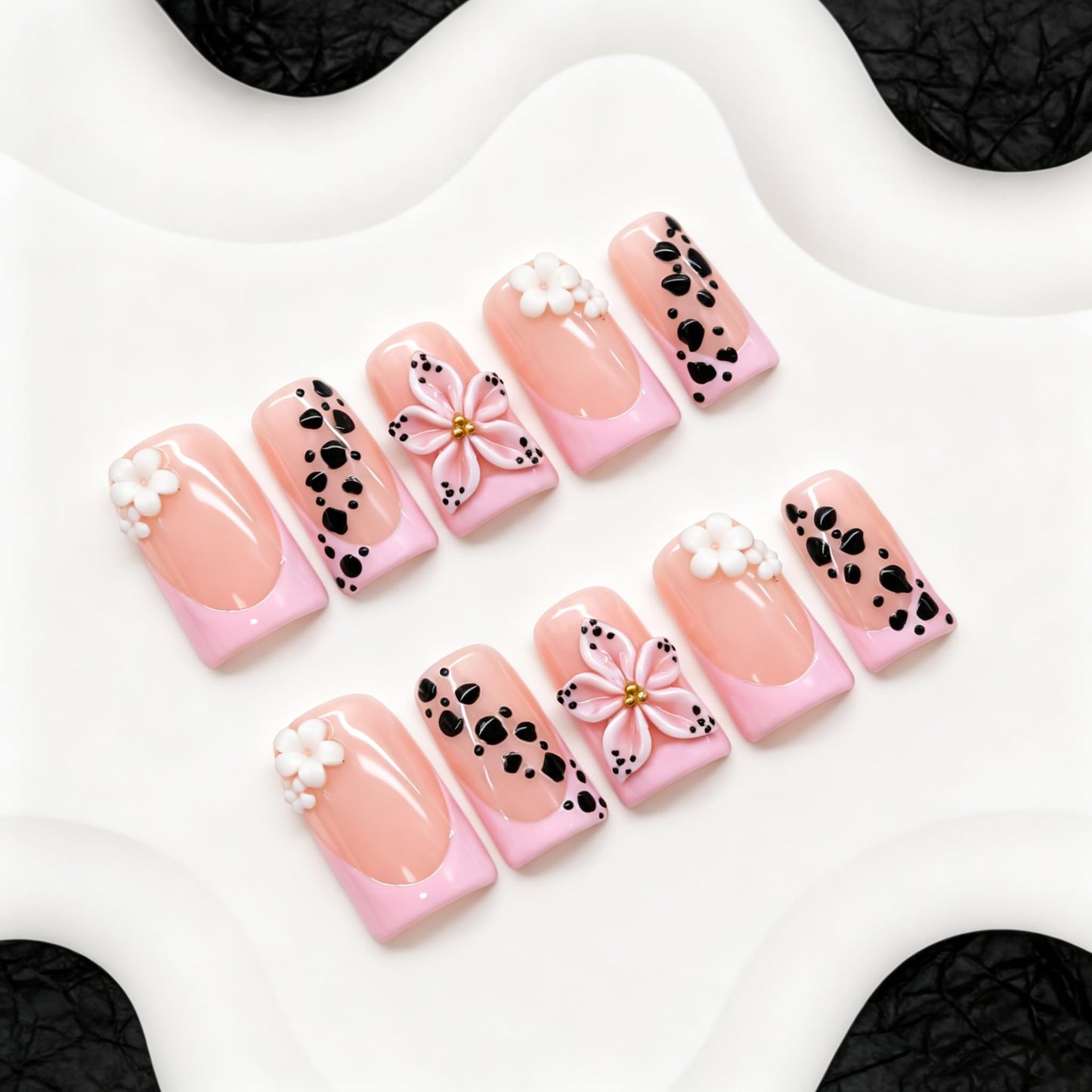 Duck Press on Nails Handmade Short Pink French Tip Fake Nails with 3D Flower Designs Black Leopard Print False Nails Glossy Thick Acrylic Stick on Nail Art Elegant Style for Women Daily Wear (M)