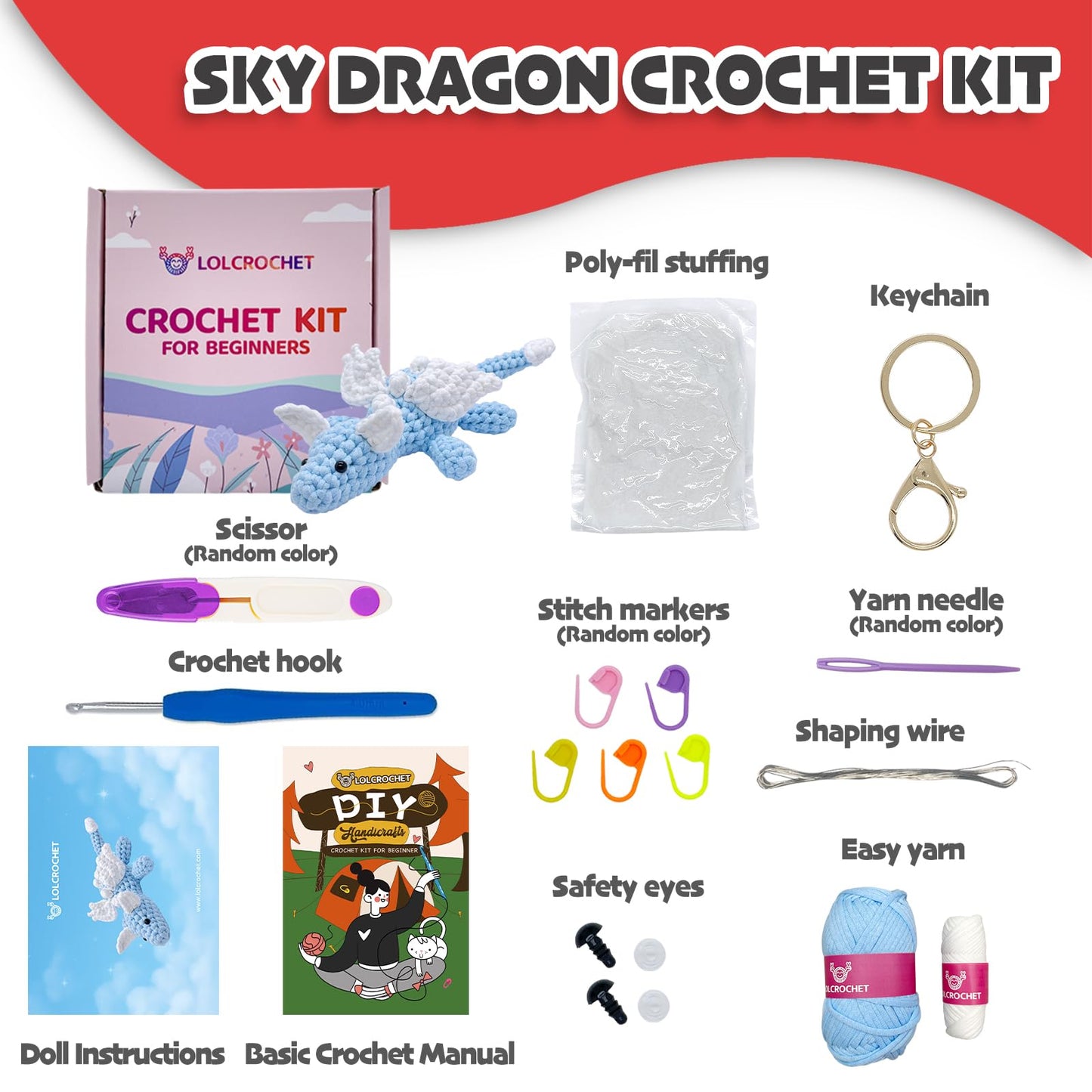 Cute Dragon Crochet Kit for Beginners, Learn to Crochet Starter Set with Step-by-Step Video Tutorial & Crocheting Manual, Easy Yarn Knitting Kit for Adult, Stuffed Animal Doll for Xmas Gift