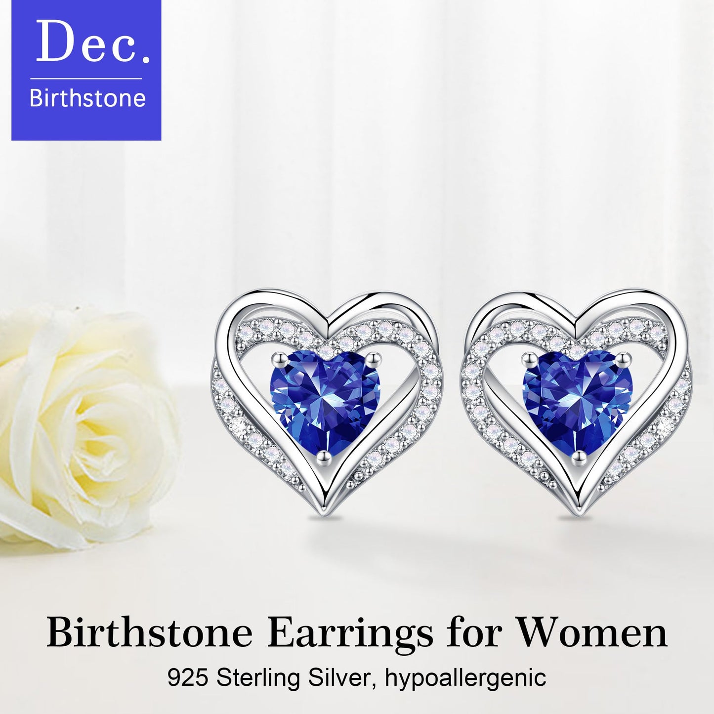 Iefil Heart Earrings for Women, 925 Sterling Silver December Birthstone Blue Tanzanite Heart Stud Earrings for Women