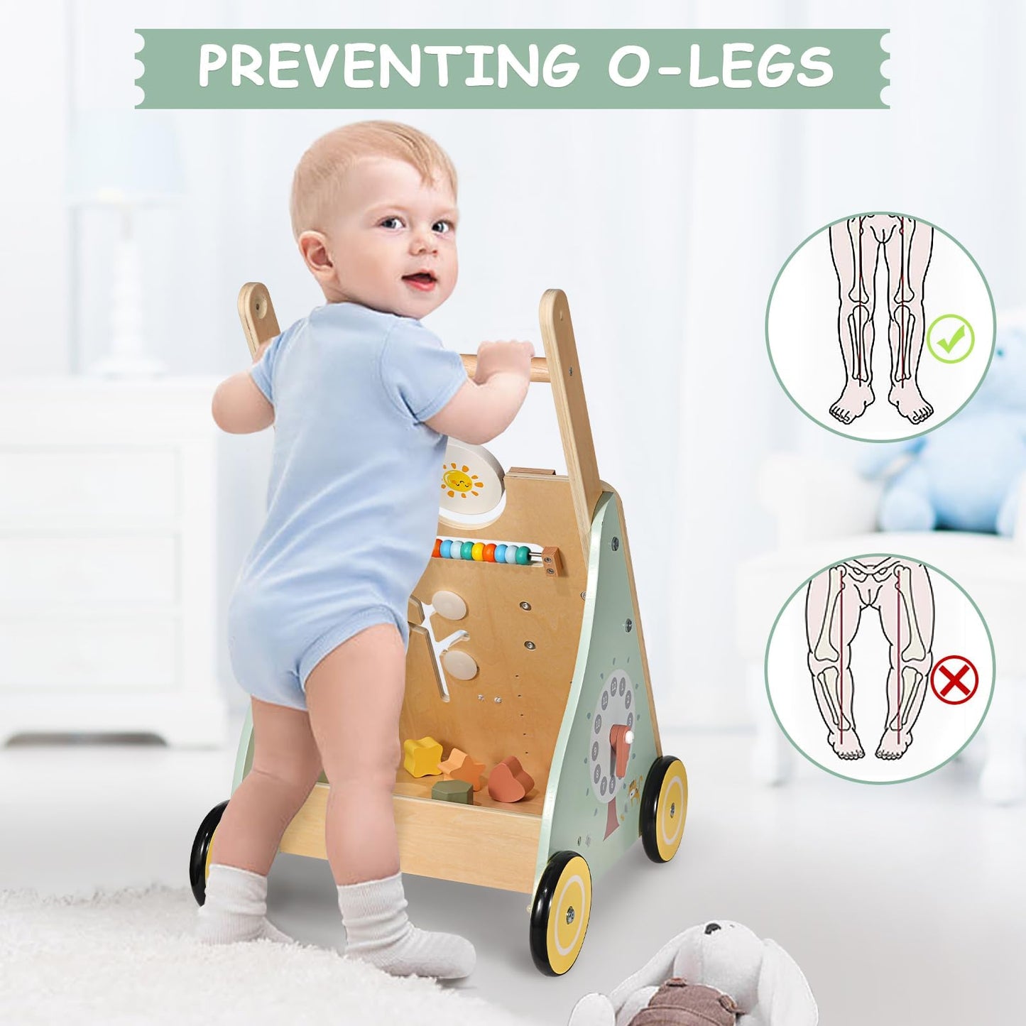 GiggleGems Wooden Baby Walker, Multiple Learning Activities Center Develops Motor Skills for Infant to Toddler, Push and Pull Walkers with Wheel for Boys Girls