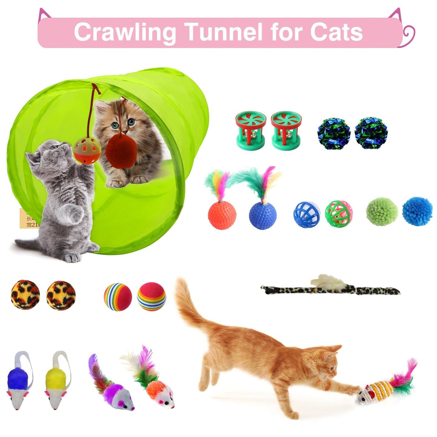 BERXOL 47PCS Kitten Essentials Starter Kit, Ideal for Cats Under 6 Months, Featuring 21-Piece Toy Set, Bed, Carrier, Litter Box, Bowls & More, for New Cat Owners - Pink