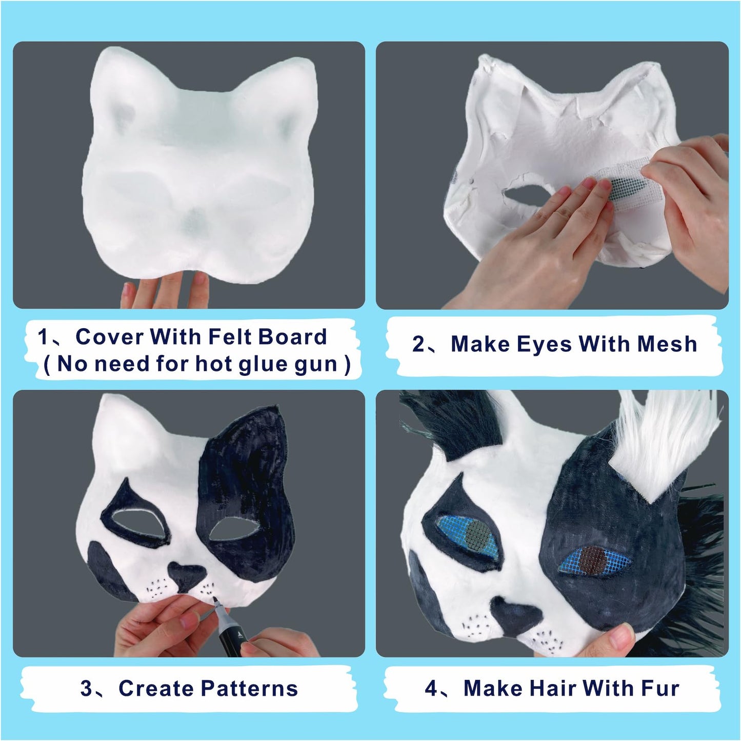 B BBPM Therian Mask Kit Cat Fox Masks with Fur & Eye Mesh and Felt Sheet 4PCS Furry Animal Mask to Paint Arts Crafts Gear Diy for Halloween, Cosplay,Masquerade Therian Accessory