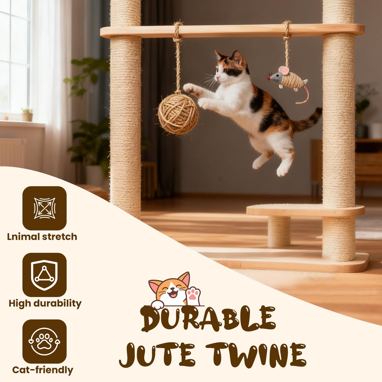 Natural Jute Twine 5mm x 328ft, 4Ply Twisted Heavy Duty Rope Roll for Gardening, Crafting, Bundling, Cat Scratching Post, Home Decor, Christmas Decorations