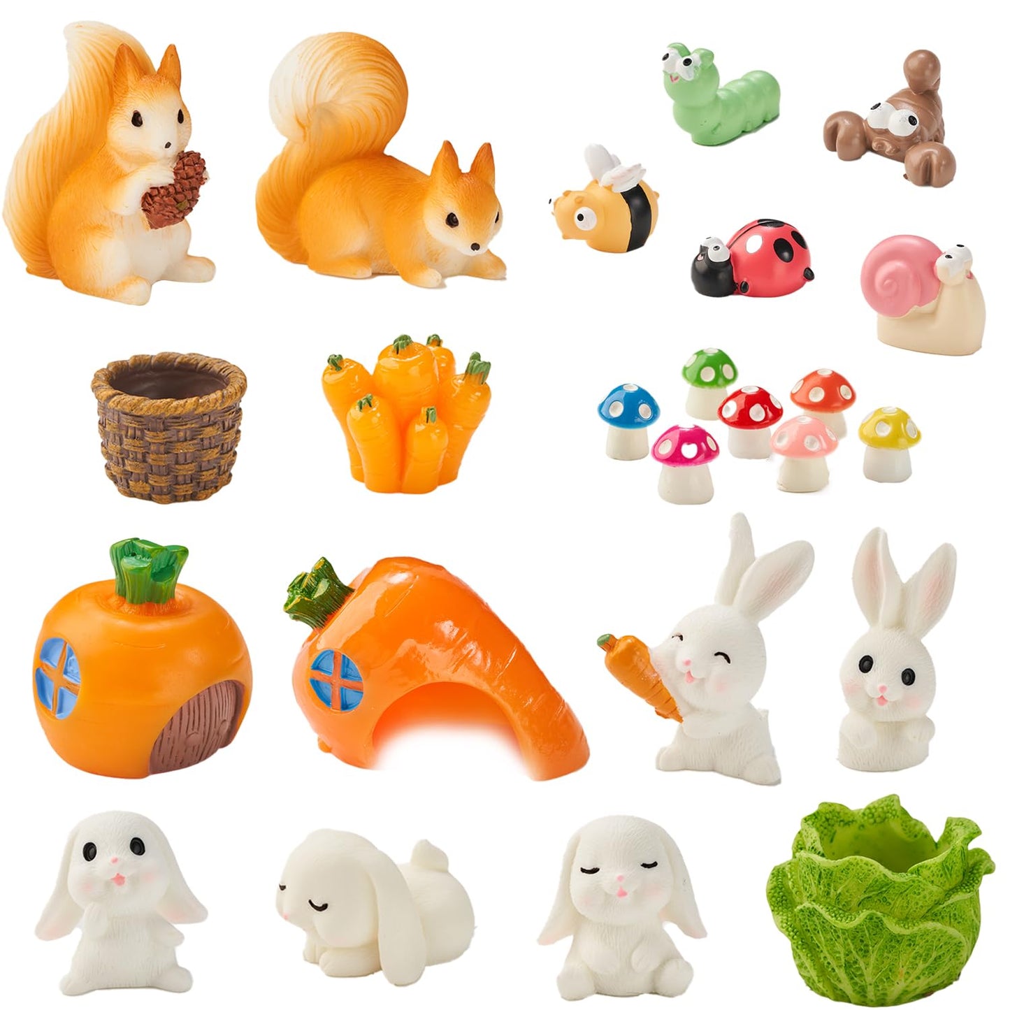 Nashibowu 24Pcs Mini Rabbits Fairy Garden Accessories DIY Kit, Miniature Garden Set with Mini Resin Animals, Tiny Bunnies, Squirrels, Mushroom Figurines, for Terrarium Micro-Landscaping Decorations