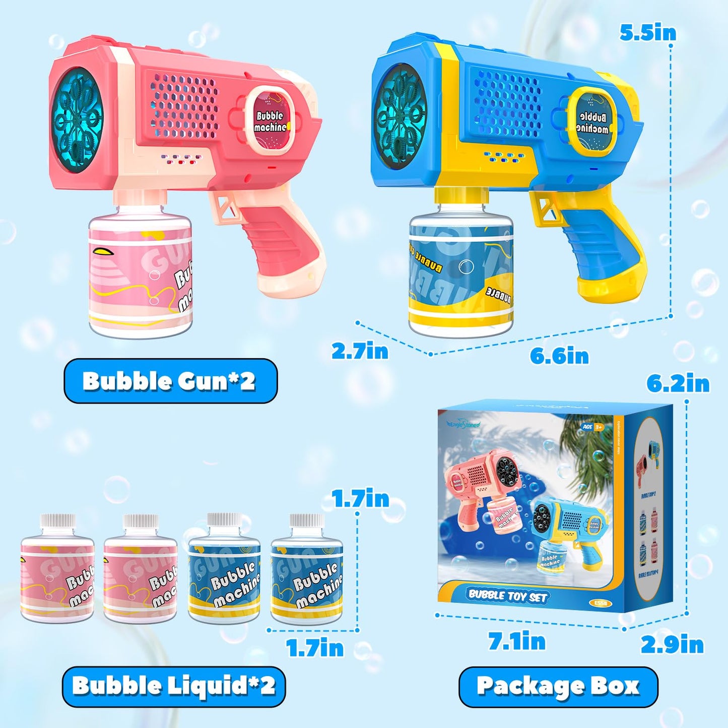 EagleStone 2 Pack Bubble Guns with 4 Bottles Solution, Automatic Bubble Machine Blaster for Kids & Adults – Light Up Summer Toy for Outdoor, Birthday Gifts, Easter, Wedding Party Favor Bubble