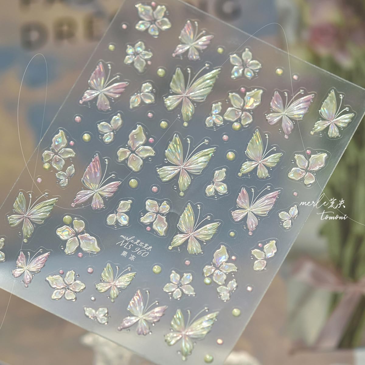Spring Sparkly Butterfly Nail Stickers Jelly Butterfly Floral Nail Art Stickers Pink Green Gradient Design Flower Butterflies Nail Decals for Women Spring DIY Manicure Decor 1Pcs