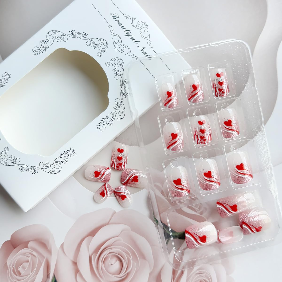 24Pcs French Tip Valentines Nails Red Heart Press on Nails Short Square Fake Nails Silver Glitter False Nails Line Artificial Nails Nude Stick on Nails Full Cover Glue on Nails for Women Nails Art