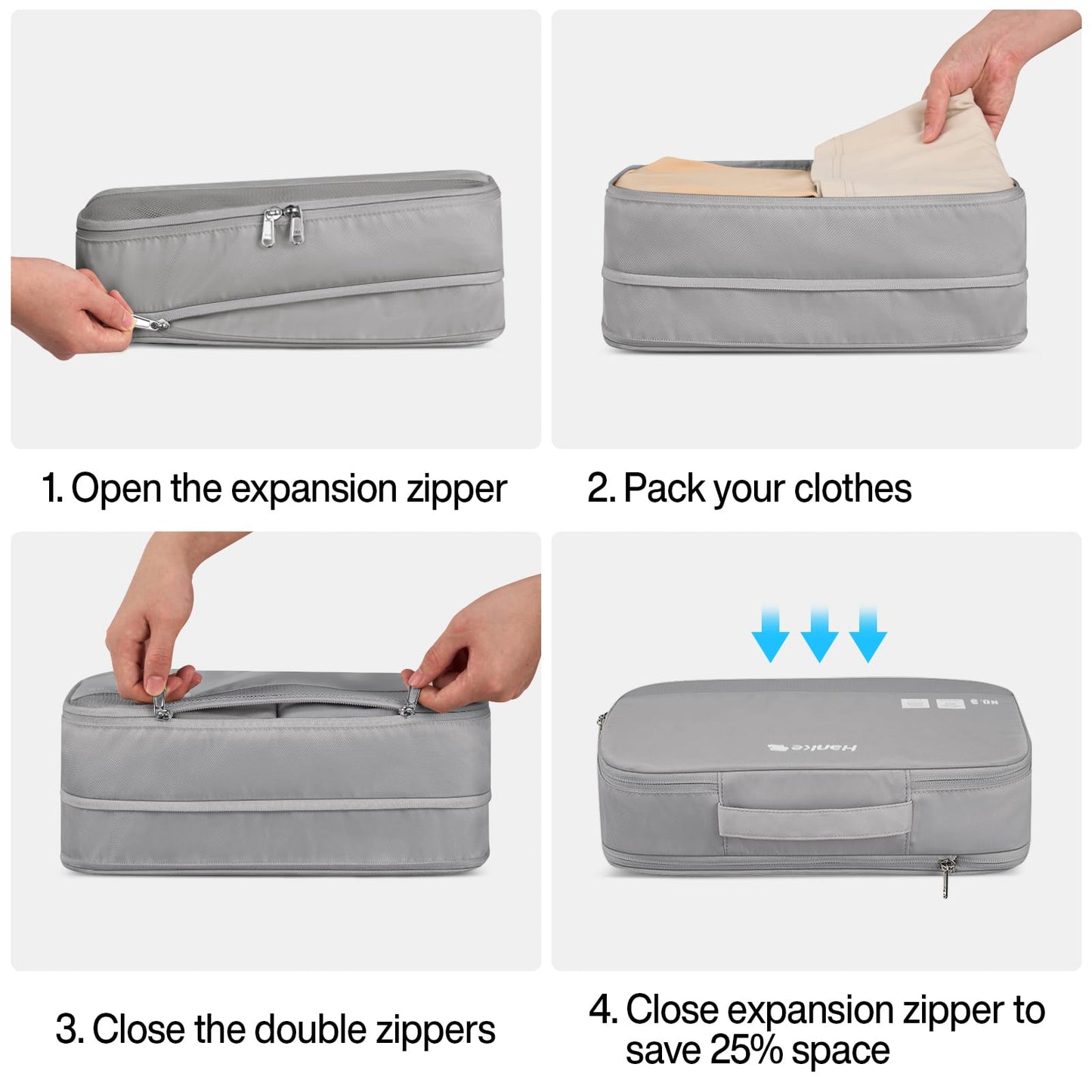 Hanke 7 Set Compression Packing Cubes for Travel, Expandable Large Packing Cubes for Suitcases and Backpack, Luggage Packing Organizer Bags with Double Zipper as Travel Essentials,Light Grey