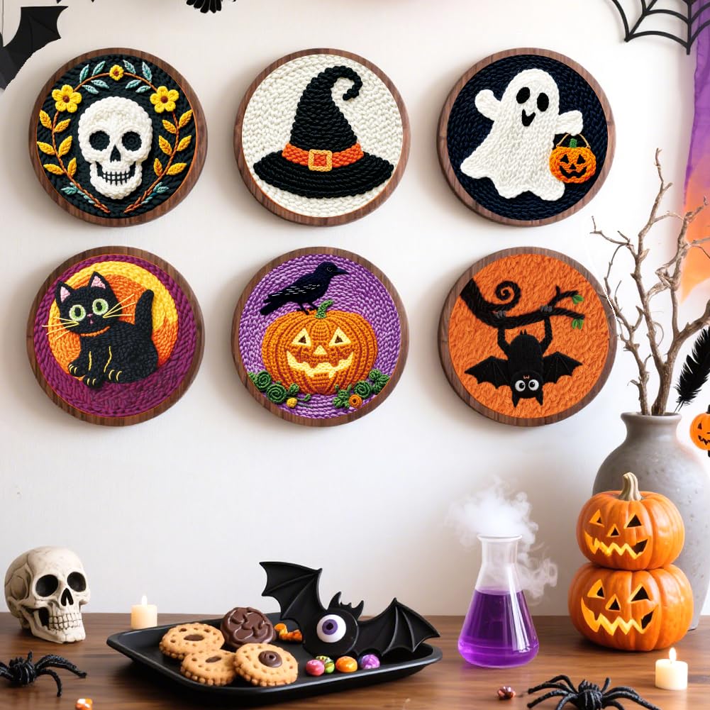 ACRNIGHEET 6Pcs Punch Needle Kits for Adults Beginners Include Instructions, Halloween Punch Needle Embroidery Kit, Pre-Printed Pattern, Embroidery Hoop, Yarns, Needles, DIY Crafts Gifts Idea